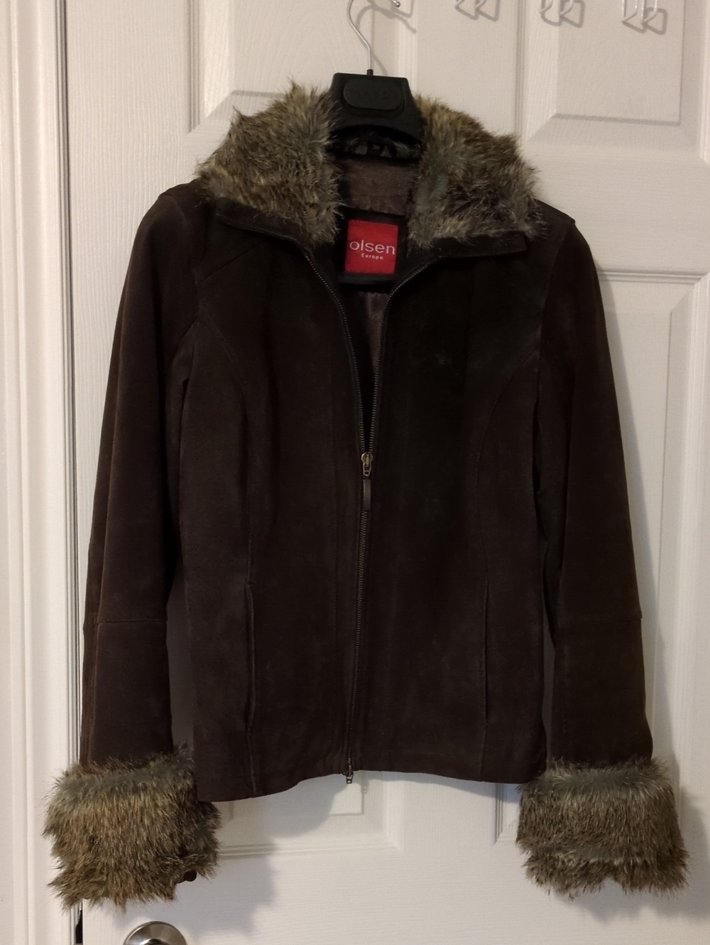Dark Brown Suede Jacket with Faux-Fur Trim
